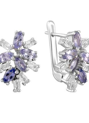 Серьги серебряные родированные 925 проба с натуральным танзанитом 7.3ct и белым топазом, классические, английский замок