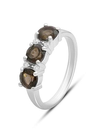 Серебряное кольцо с натуральным раухтопазом (дымчатым кварцем) 1.47ct, фианитами, родированное, 925 проба, размер 17.5