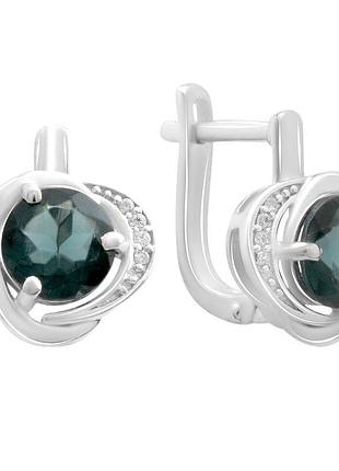 Серьги серебряные высокогокачества с топазом лондон блю 2.33ct, фианитами, родированные, проба 925