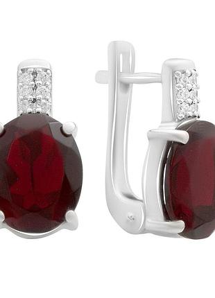 Серебряные серьги родированные с искусственным гранатом nano 4.52ct и фианитами, проба 925, английская застежка