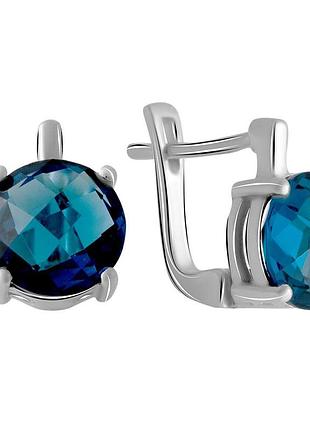 Серьги серебряные родированные с топазом лондон блю 3.967ct, проба 925, английский замок