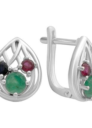 Сережки срібні 925 проби з натуральним сапфіром 4.05ct, смарагдом та рубіном, родовані, англійський замок