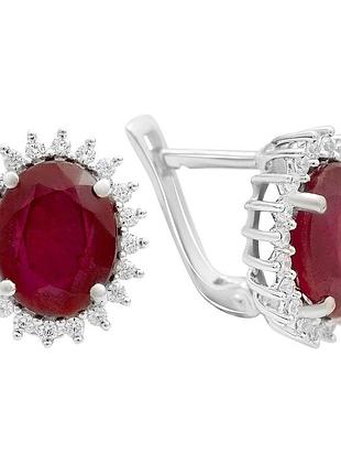 Серебряные серьги родированные 925 пробы с натуральным рубином 7.87ct и фианитами, английский замок