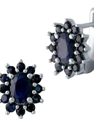 Серьги серебряные родированные 925 проба с натуральным сапфиром 3.278ct, английский замок