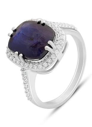 Кольцо серебряное родированное 925 проба с натуральным сапфиром 7.803ct, фианитами, вес 4.82г, размер 18