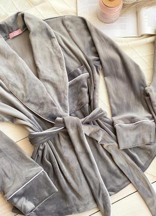 Пижама женская 090 укороченный халат завышенные штаны плюш велюр с хлопком серая5 фото