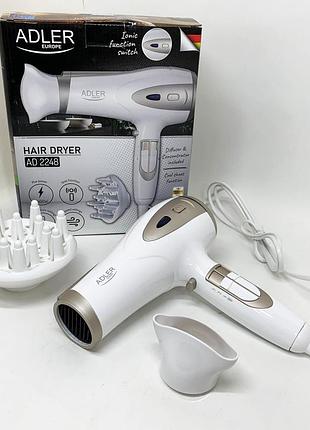Электрический фен для волос adler ad-2248 white 2400вт для укладки и сушки с насадками с ионизацией