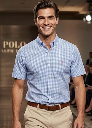 Сорочка чоловіча polo ralph lauren блакитна в клітинку, розмір m, 100% бавовна