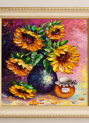 Подсолнухи и мед, живопись 40×40 см
