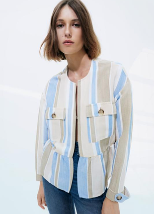 Жіноча відкрита сорочка zara, розмір l, синя у смужку, з суміші льону