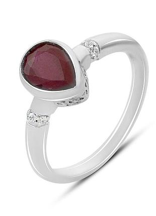Срібне родоване кільце 925 проби з натуральним рубіном 1.45ct, фіанітами, розмір 18, жіноче