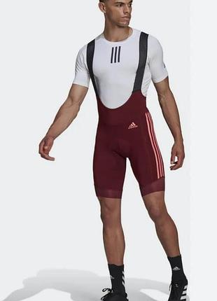 Профессиональные мужские велосипедные шорты на лямках adidas the padded cycling bib shorts (артикул модели: hb0532) в бордовом цвете, размер м.