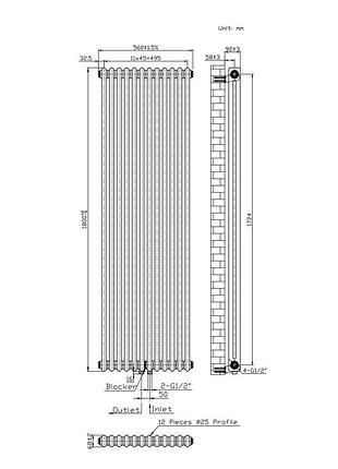Радиатор warm well column 2 1800x560 цвет необработанного металла подкл.34