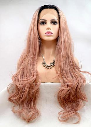 Парик женский из термоволокна длинный волнистый на сетке zadira rose gold, омбре, розово-персиковый