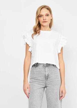 M zara біла коротка пряма трикотажна блуза футболка бавовна рукава рюші жіноча
