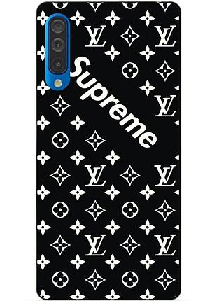 Бампер силиконовый чехол для samsung a50 с рисунком supreme lv на черном фоне