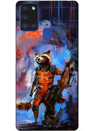 Силиконовый бампер чехол для samsung a21s с рисунком реактивный енот стражи галактики