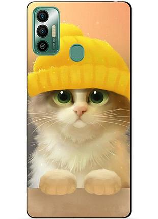 Силиконовый бампер чехол для tecno spark 7 с рисунком котик в шапке