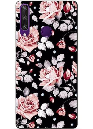 Силиконовый чехол бампер для huawei y6p с рисунком розы на черном