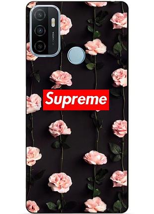 Силиконовый бампер чехол для oppo a53 с рисунком supreme на розах