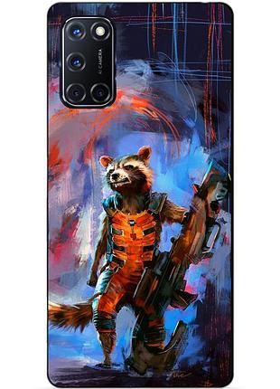 Силиконовый бампер чехол для oppo a52 с рисунком реактивный енот стражи галактики