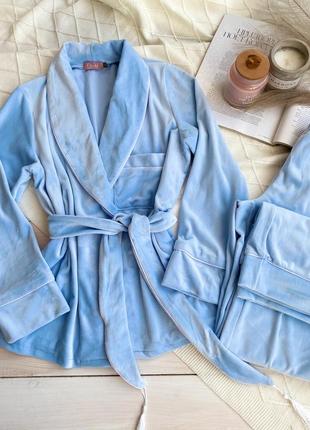 Пижама женская 090 укороченный халат завышенные брюки плюш велюр с хлопком голубая8 фото