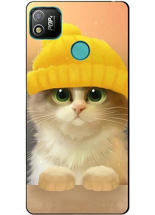 Силиконовый бампер чехол для tecno pop 4 с рисунком котик в шапке