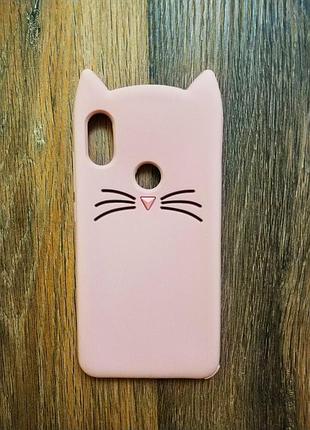 Об'ємний 3d чохол для xiaomi redmi note 6 pro вусатий кіт рожевий