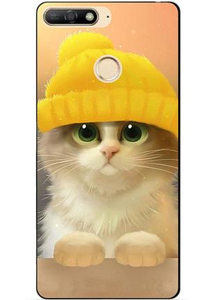 Силиконовый бампер чехол для huawei y6 prime 2018 с рисунком котик в шапке