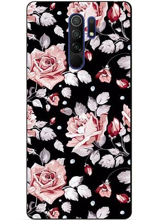 Силиконовый бампер чехол для xiaomi redmi 9 с рисунком розы на черном фоне