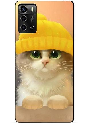 Силиконовый бампер чехол для zte blade a72 с рисунком котик в шапке