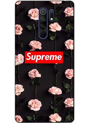 Силіконовий бампер чохол для xiaomi redmi 9 з малюнком supreme на трояндах