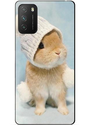 Силиконовый бампер чехол для xiaomi poco m3 с рисунком зайка в шапке