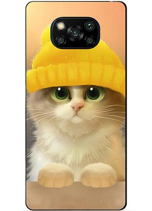 Силиконовый бампер чехол для xiaomi poco x3 с рисунком котик в шапке