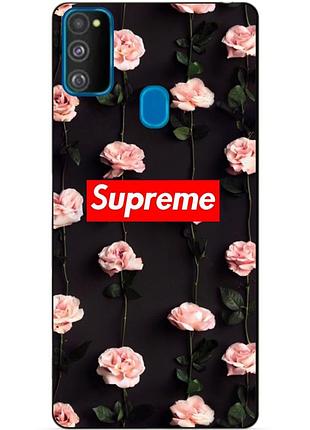 Силіконовий бампер чохол для samsung m21 galaxy m215f з малюнком supreme на трояндах