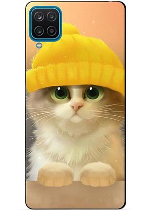Силиконовый бампер чехол для samsung a12 с рисунком котик в шапке