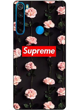 Силиконовый чехол бампер для xiaomi redmi note 8 с рисунком supreme на розах