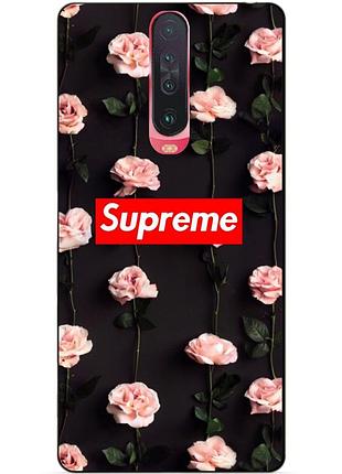 Силиконовый чехол бампер для xiaomi pocophone x2 с рисунком supreme на розах
