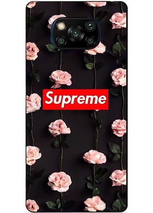 Силиконовый бампер чехол для xiaomi poco x3 с рисунком supreme на розах