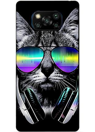 Силиконовый бампер чехол для xiaomi poco x3 с рисунком кот в очках