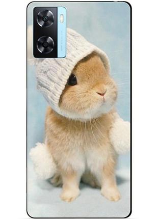 Силиконовый бампер чехол для oppo a57s с рисунком зайчик в шапке