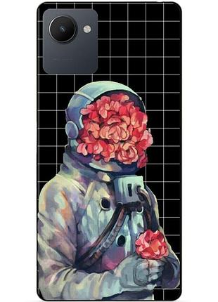 Силиконовый чехол бампер для realme c30s с рисунком скафандр цветы