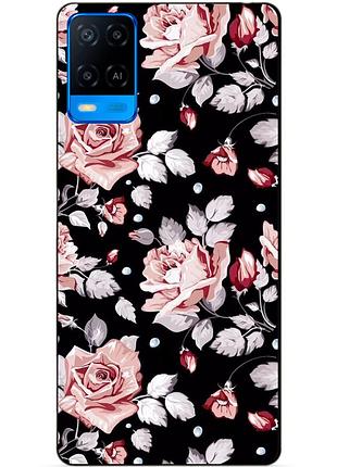 Силиконовый бампер чехол для oppo a54 с рисунком розы на черном фоне