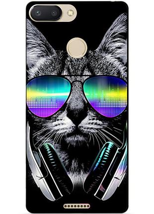 Силиконовый бампер чехол для xiaomi redmi 6 с рисунком кот в очках