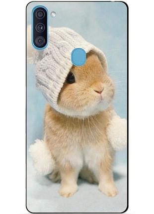 Силиконовый бампер чехол для samsung a11 с рисунком зайчик в шапке