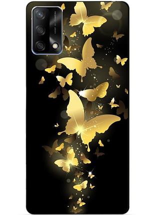 Силиконовый бампер чехол для oppo a74 с рисунком золотые бабочки