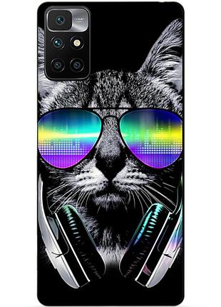 Силиконовый бампер чехол для xiaomi redmi 10 с рисунком кот в очках