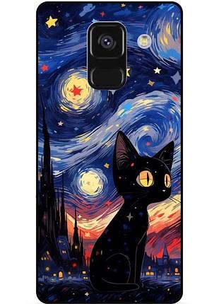 Чехол силиконовый бампер для samsung a8 plus с рисунком котик звездная ночь ван гог