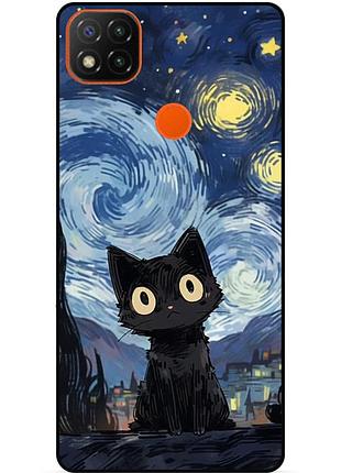 Силіконовий бампер чохол для xiaomi redmi 9c з малюнком котик ван гог зіркова ніч