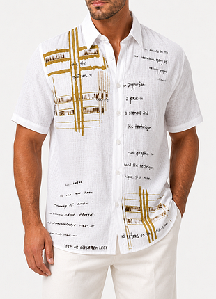 Летняя мужская льняная рубашка с коротким рукавом белая принтом s m l xl
